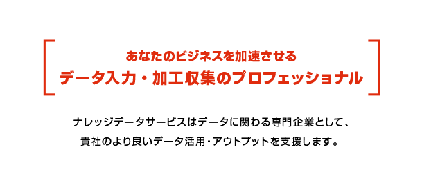 あなたのビジネスを加速させるデータ入力・加工収集のプロフェッショナル ナレッジデータサービスはデータに関わる専門企業として、貴社のより良いデータ活用・アウトプットを支援します。